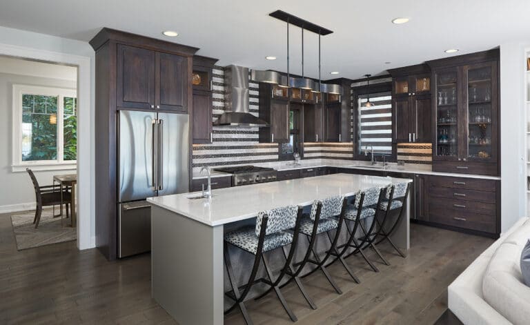 Transitional Dark Wood Kitchen Striped Backsplash