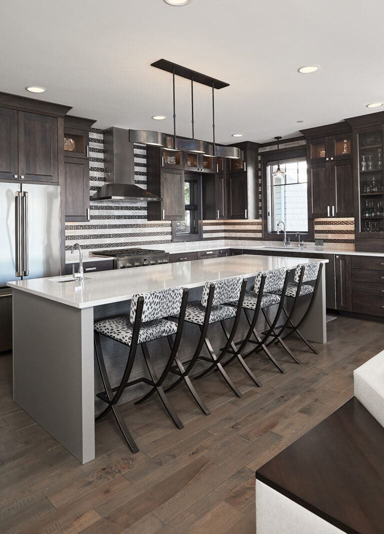 Transitional Dark Wood Kitchen Striped Backsplash