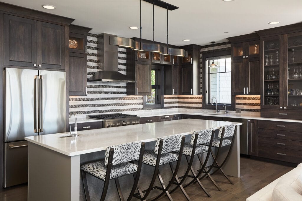 Transitional Dark Wood Kitchen Striped Backsplash