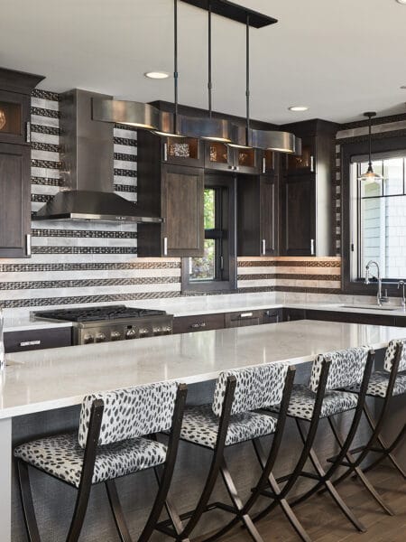 Transitional Dark Wood Kitchen Striped Backsplash