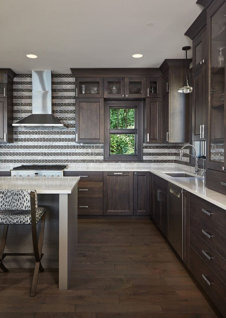 Transitional Dark Wood Kitchen Striped Backsplash