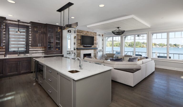 Transitional kitchen living room lakefront cottage