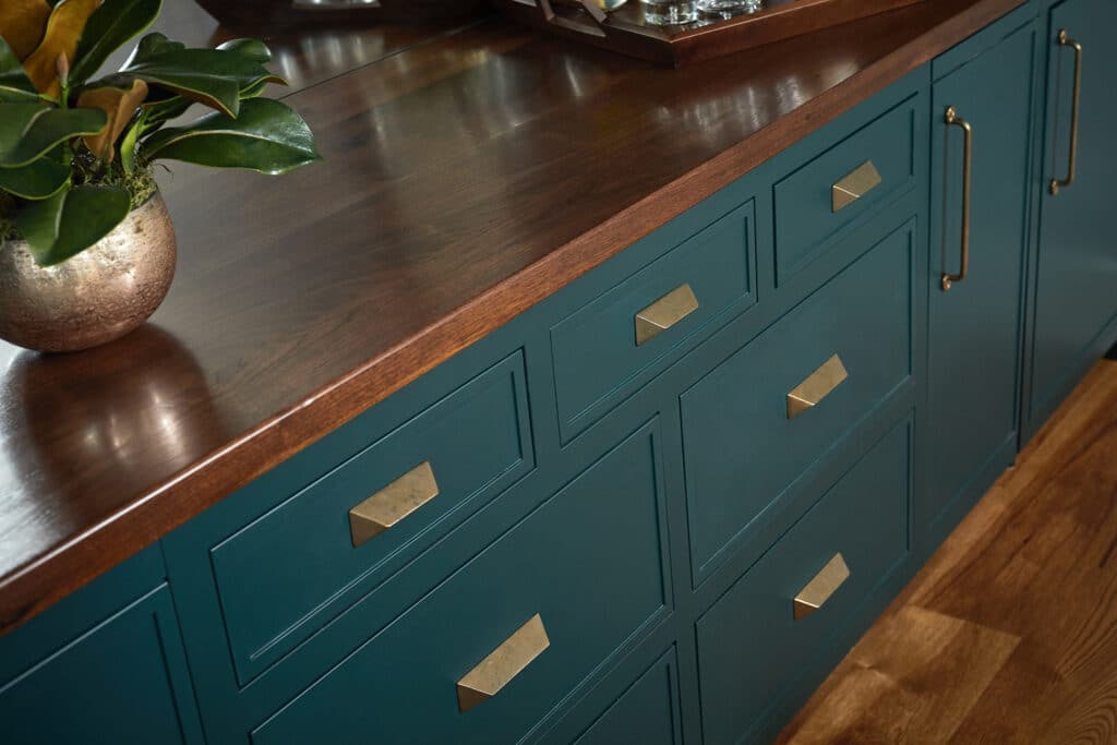 Green Bar Cabinets Wood Countertop Gold Hardware