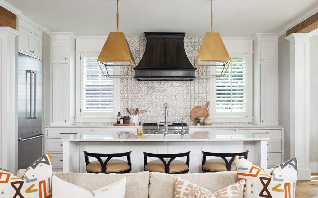 Transitional White Kitchen Black Range Hood Gold Pendants