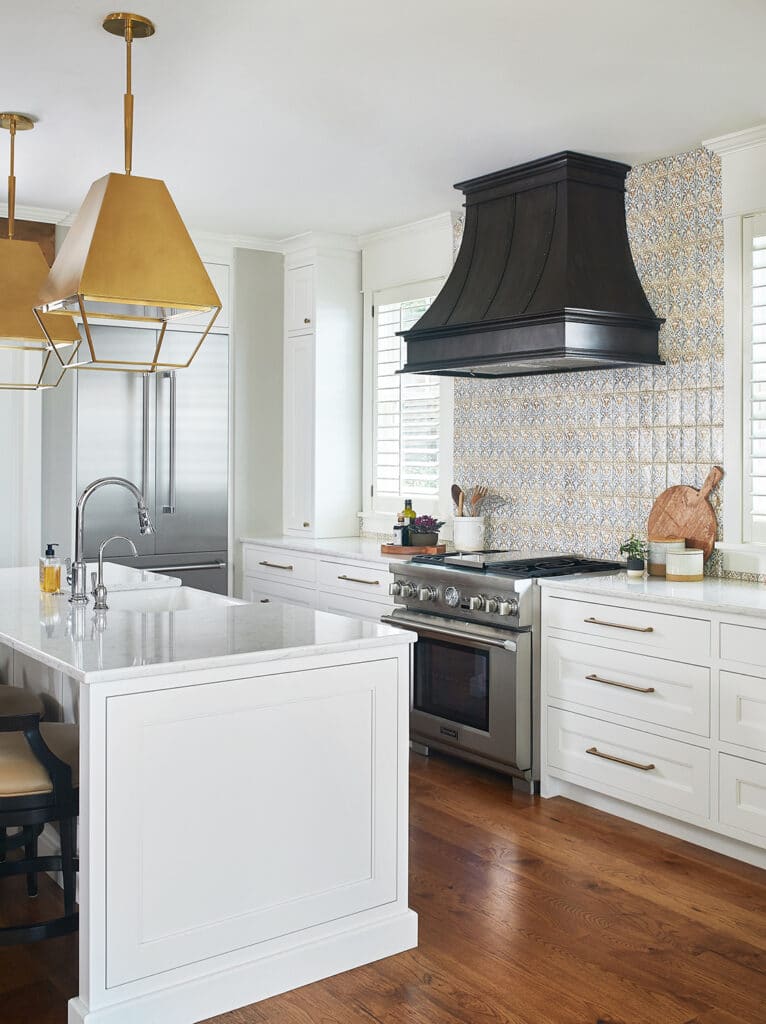 Transitional White Kitchen Black Range Hood Gold Pendants