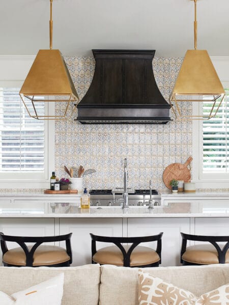 Transitional White Kitchen Black Range Hood Gold Pendants