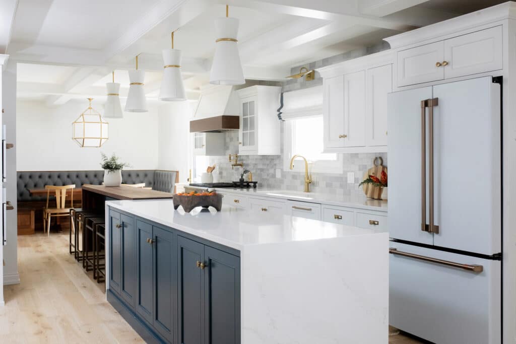 Island for Days White Blue Kitchen Waterfall Countertop