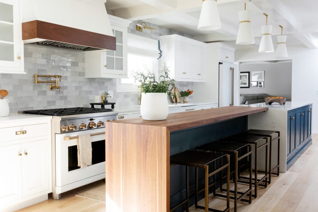 Island for Days White Blue Kitchen Wood Waterfall Countertop