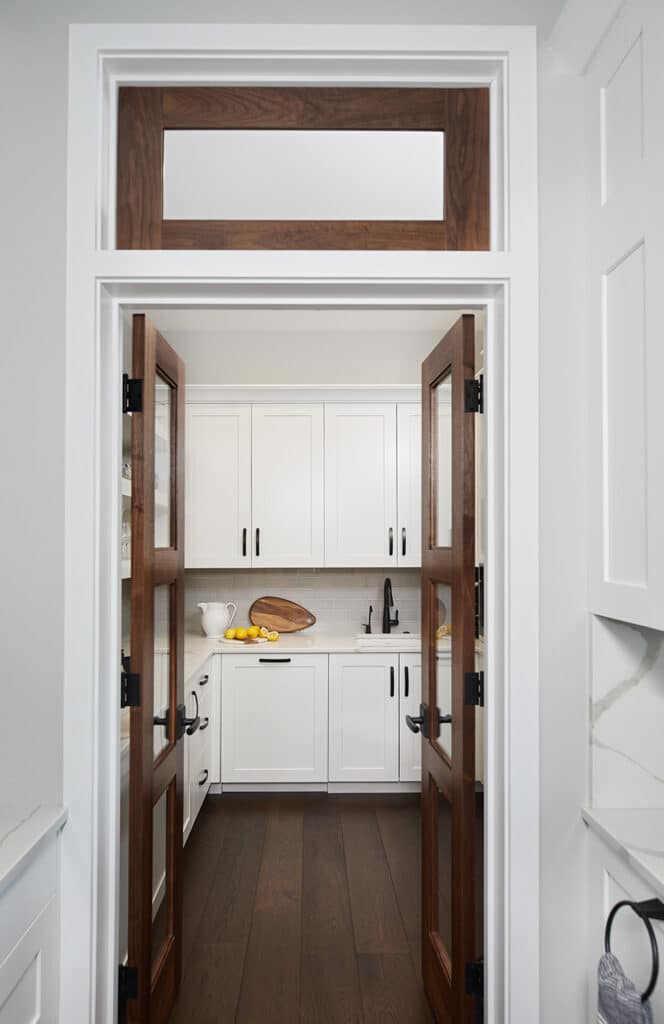 Transitional Kitchen Pantry Wood Door White Cabinets