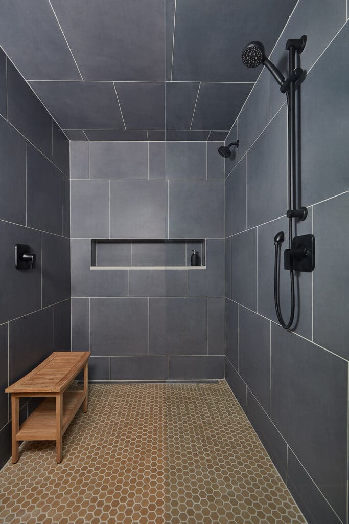 Vintage Lake House Master Bathroom Gray Tile Shower