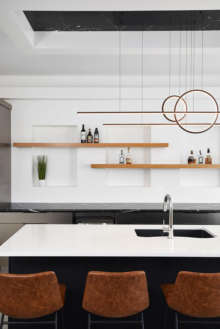 Black White Modern Basement Bar Floating Shelves