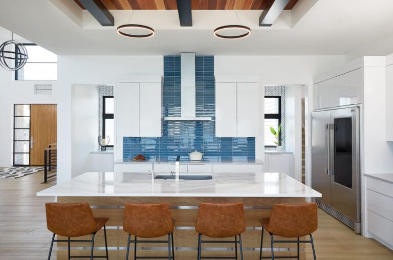 Blue Backsplash White Wood Modern Kitchen Cabinets