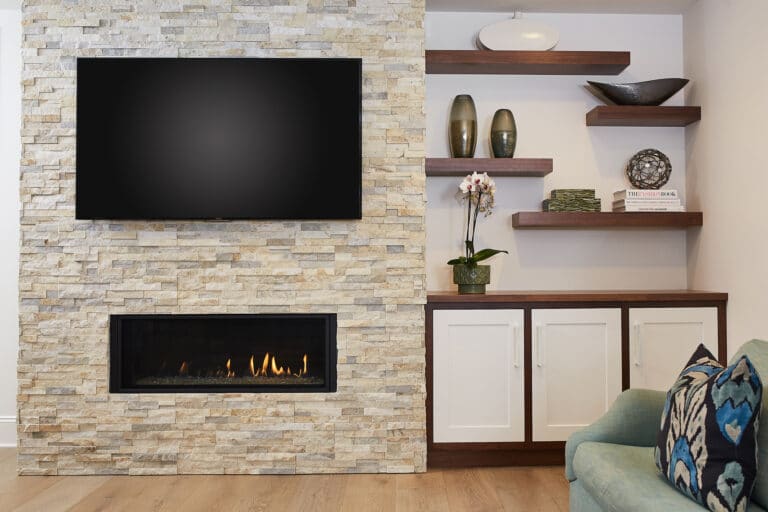 Contemporary White Walnut Living Room Built Ins