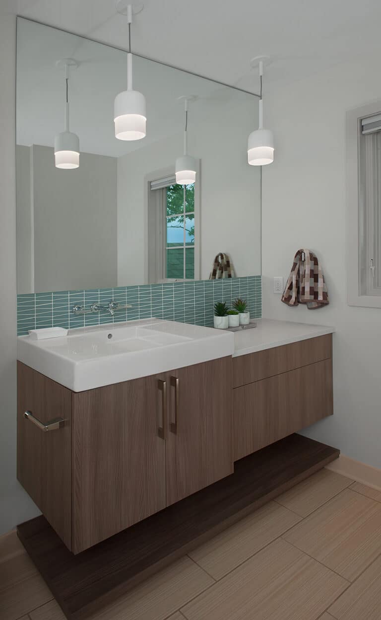 Modern Bathroom Floating Wood Vanity Teal Backsplash Tile