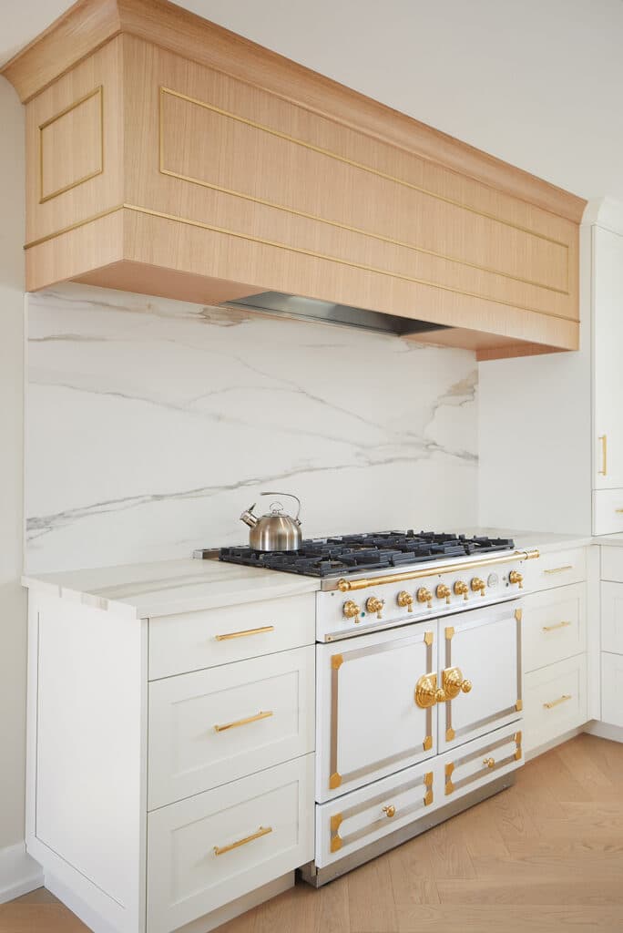 Modern Custom Oak and Gold Metal Range Hood