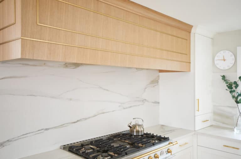 Modern Custom Oak and Gold Metal Range Hood