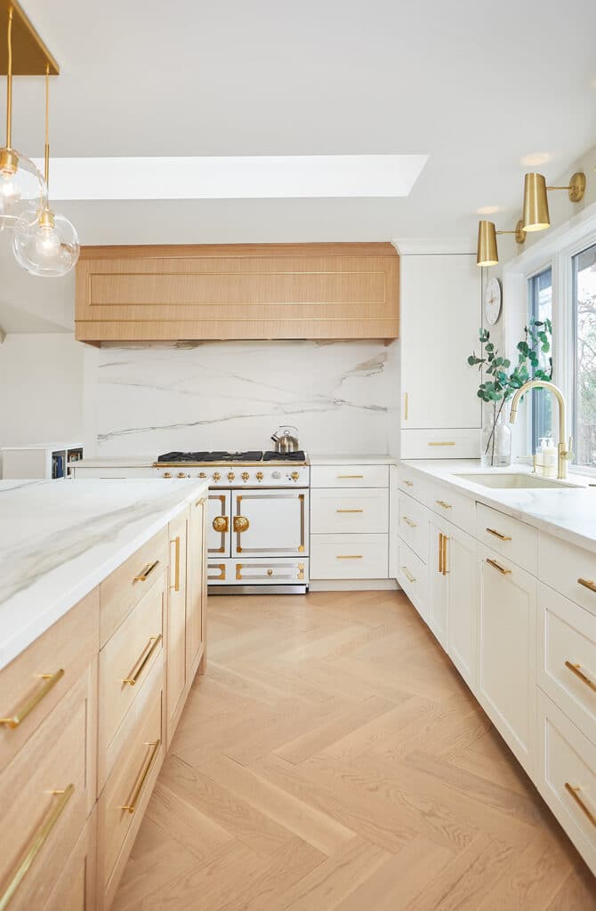 Modern Custom Oak and Gold Metal Range Hood