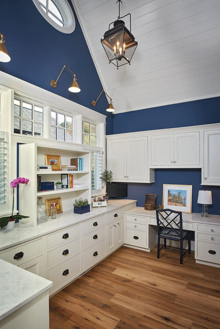 Traditional Home Office Work Room White Custom Cabinets