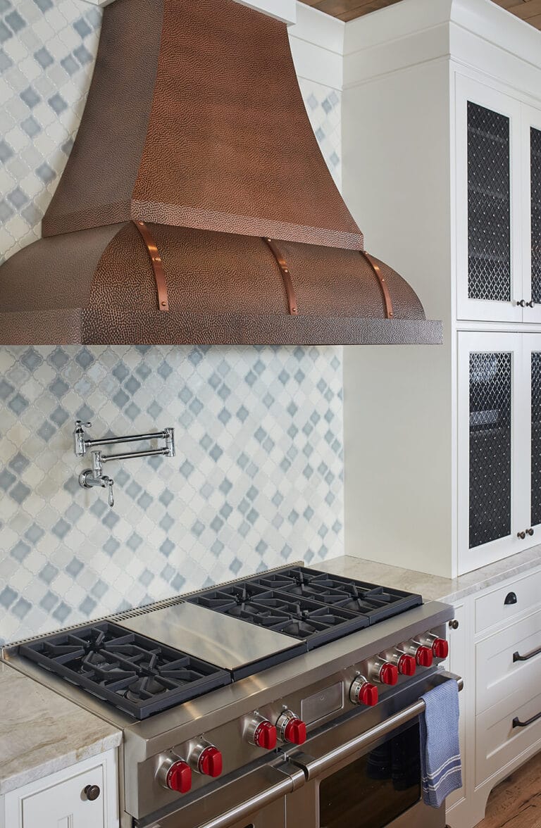 Traditional Kitchen White Cabinets Copper Metal Range Hood