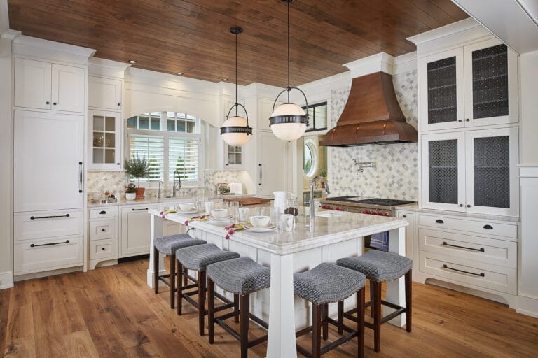 Traditional Kitchen White Cabinets Copper Metal Range Hood Wood Ceiling