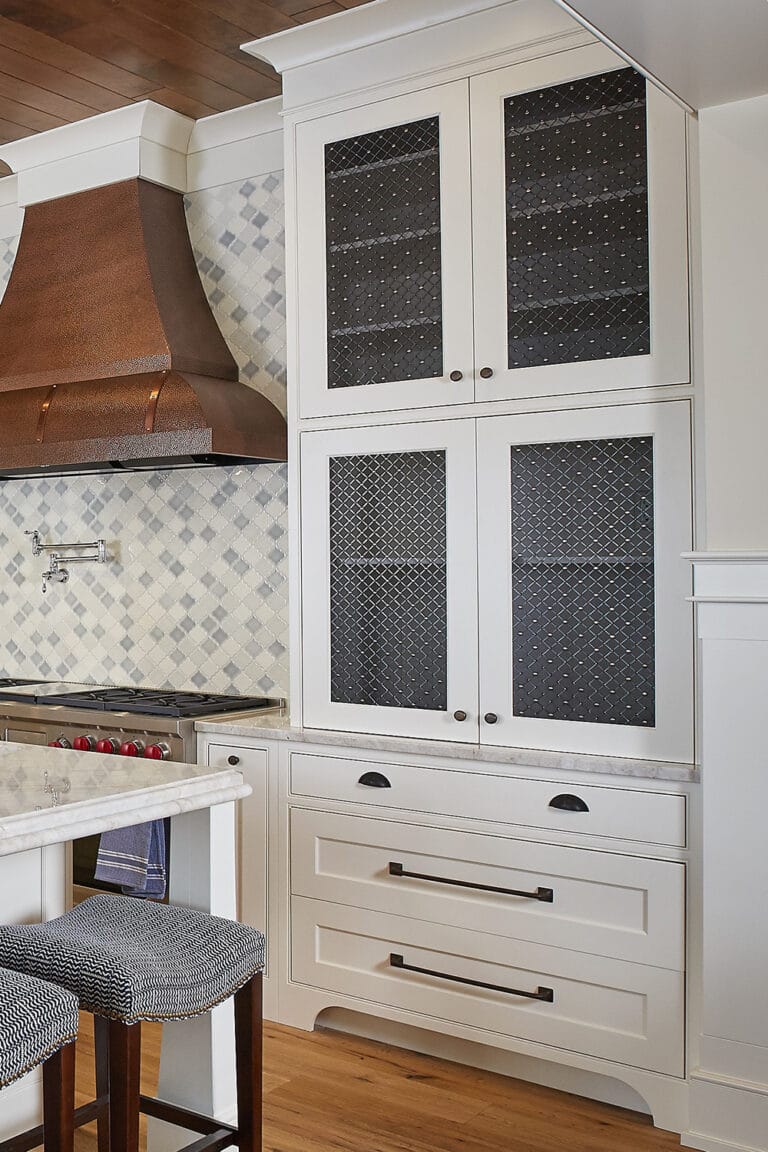 Traditional Kitchen White Glass Cabinets Copper Metal Range Hood