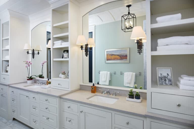 Traditional White Bathroom Cabinets Large Mirror Open Shelves