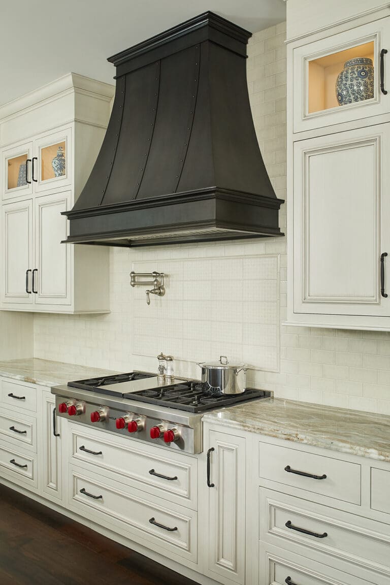 Traditional White Kitchen Cabinets Custom Black Range Hood