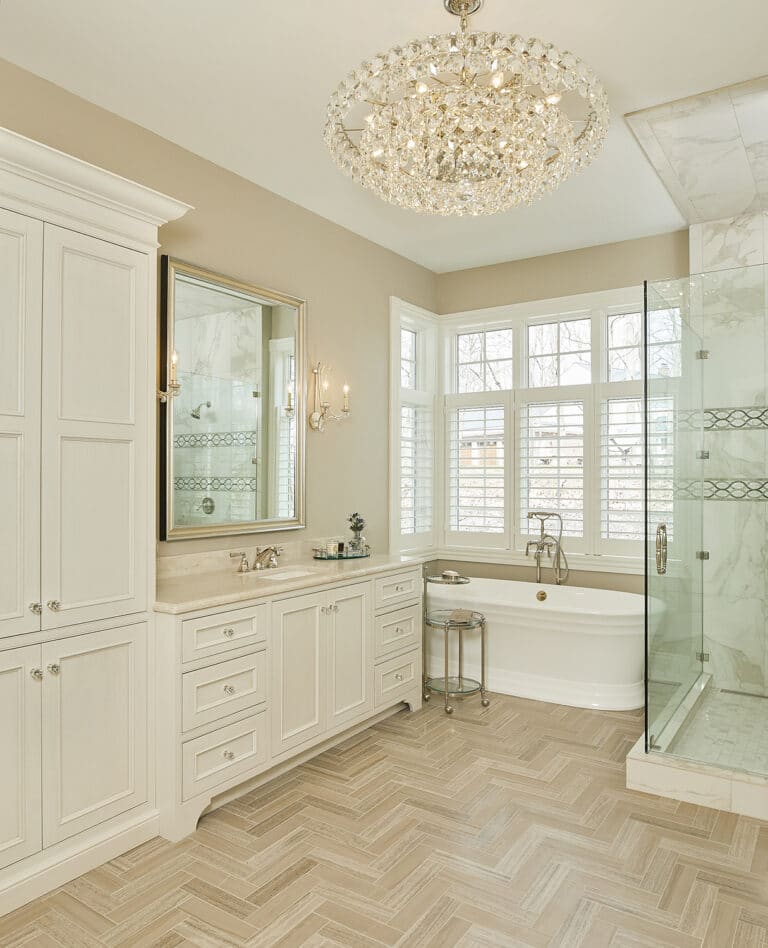 Traditional White Master Bathroom Cabinets Crystal Chandelier 2