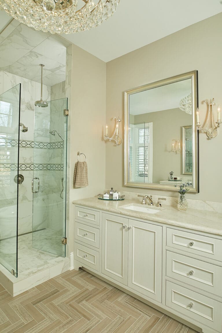 Traditional White Master Bathroom Cabinets Crystal Chandelier