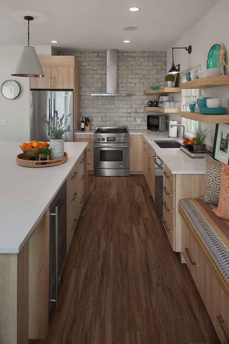 Transitional Wood Kitchen Brick Backsplash