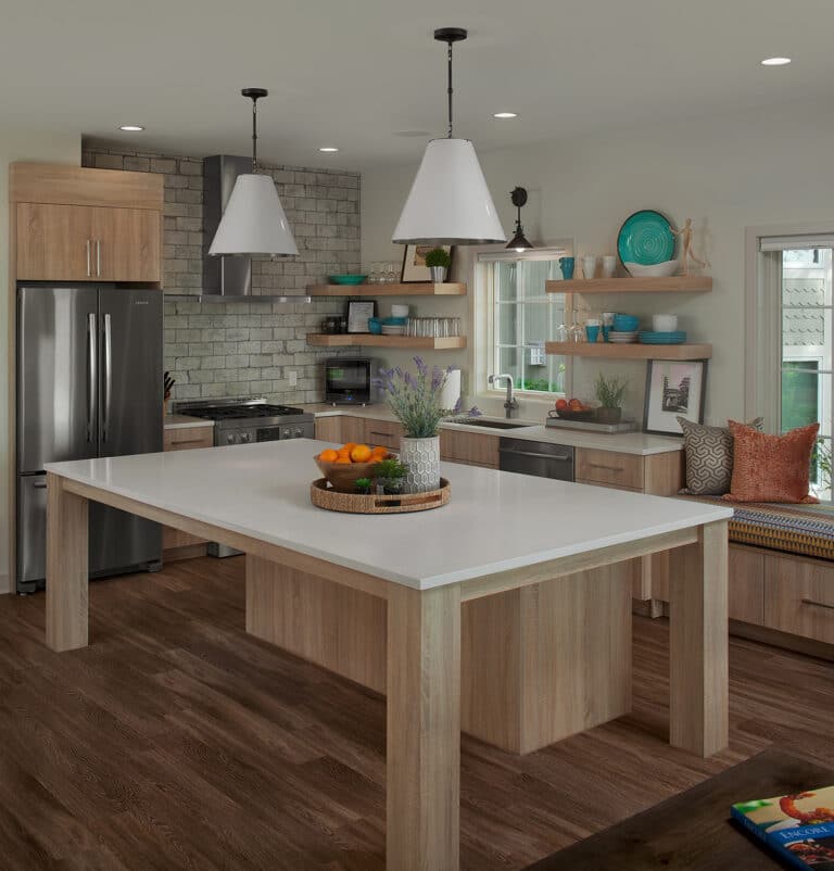 Transitional Wood Kitchen Brick Backsplash