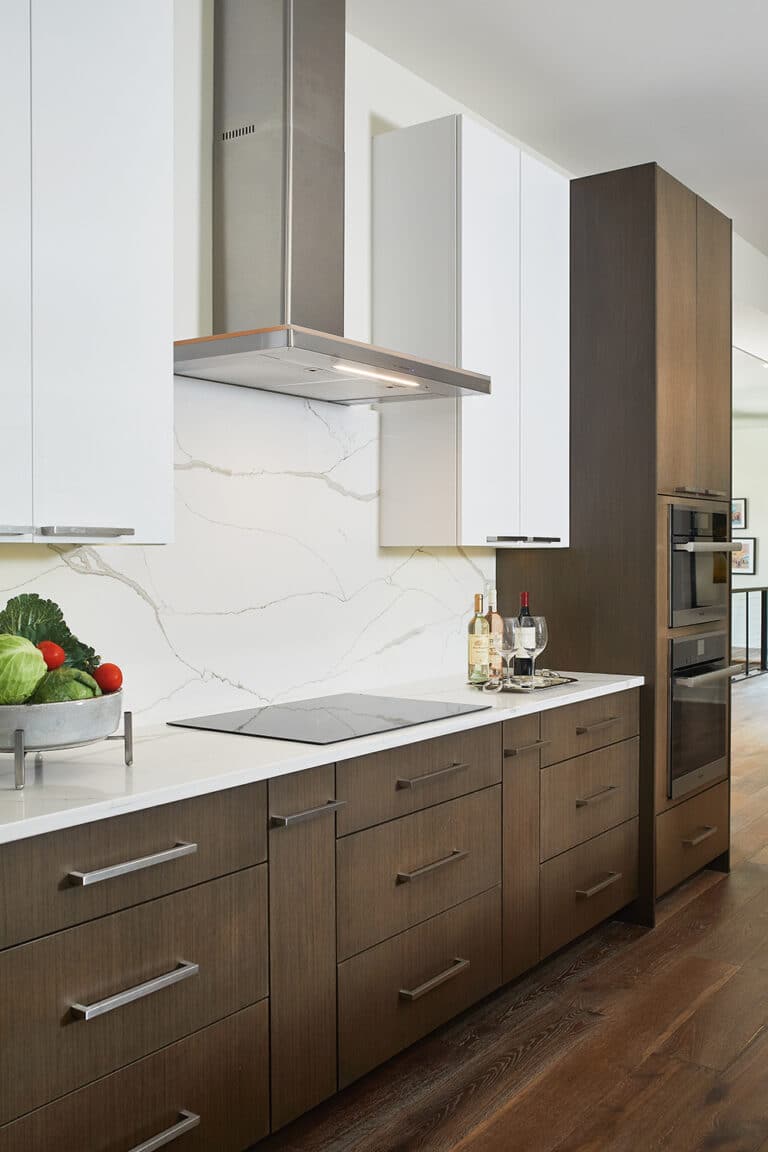 Contemporary Dark Wood Cabinets Kitchen Range Wall