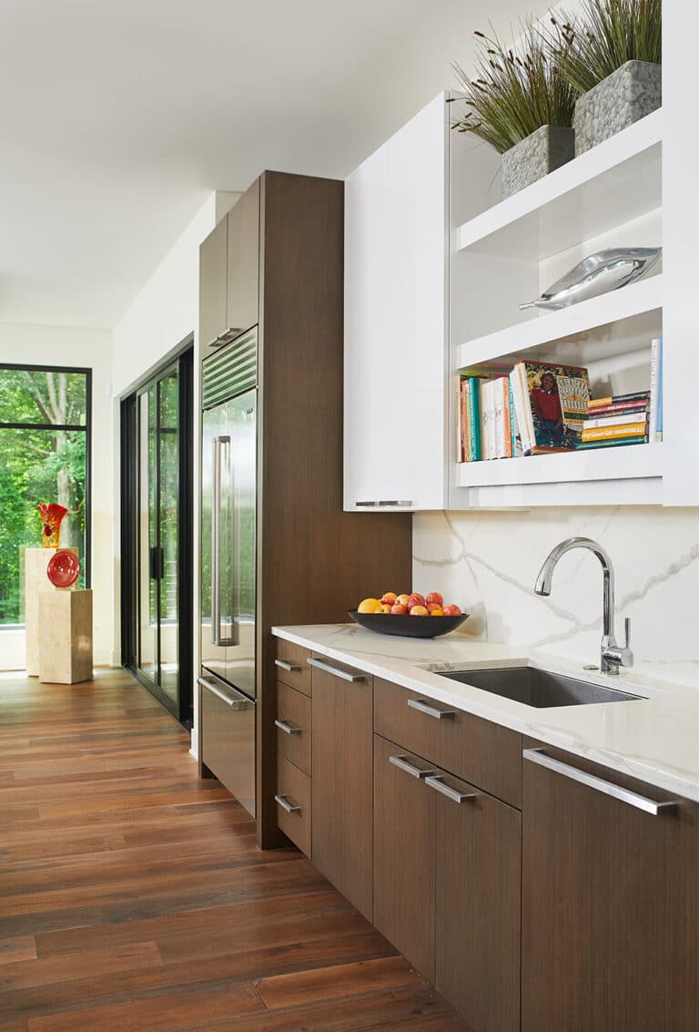 Contemporary Dark Wood Cabinets Kitchen White Upper Cabinets