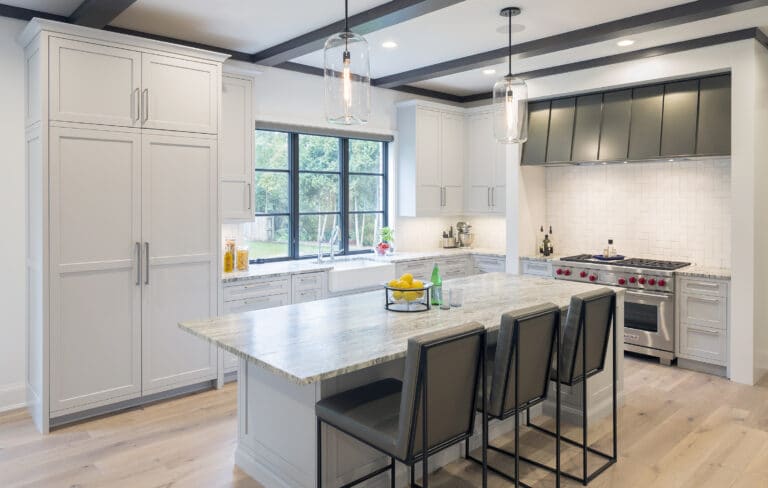 Contemporary Gray White Kitchen Black Range Hood