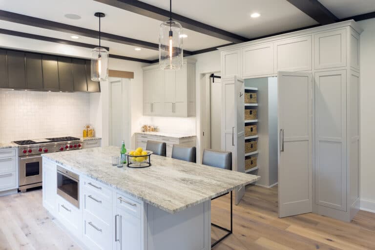 Contemporary Gray White Kitchen Hidden Pantry Open