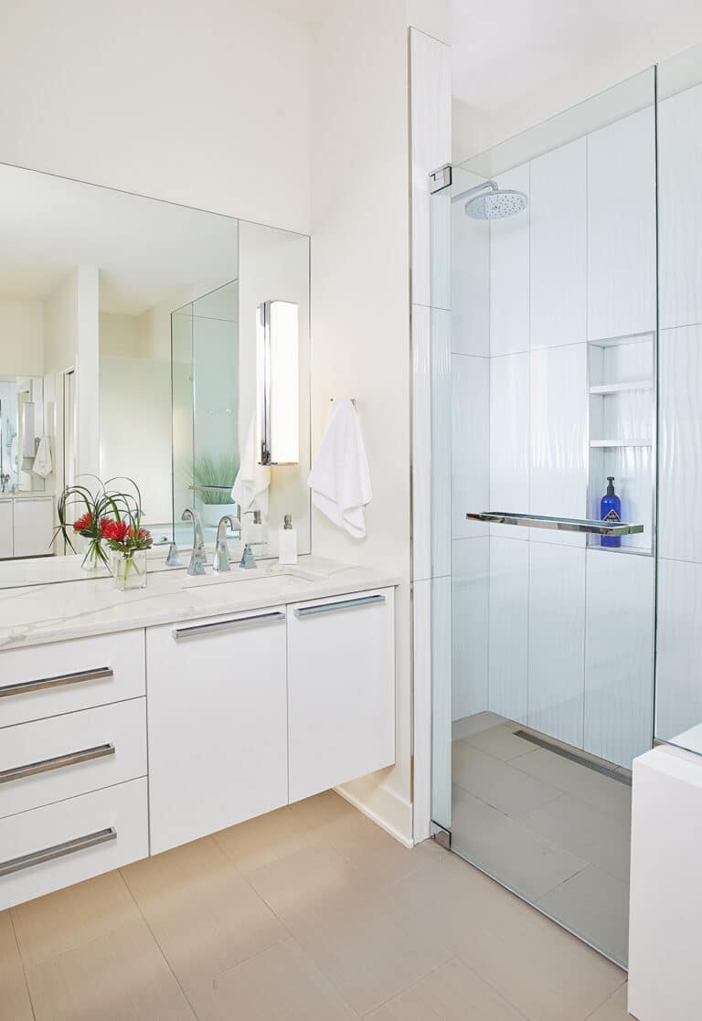 Contemporary White Bathroom Slab Cabinets Chrome Hardware
