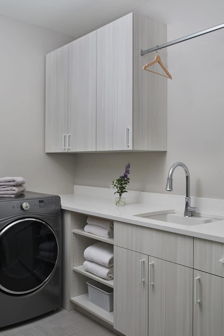 Grey Modern Laundry Room Open Shelves