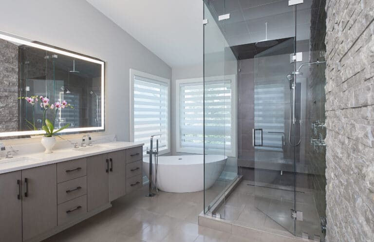 Grey Transitional Master Bathroom Stone Accent Wall