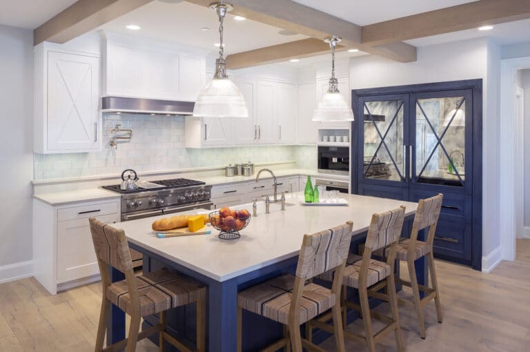 Interlake Walk Cottage Kitchen Blue White Cabinets