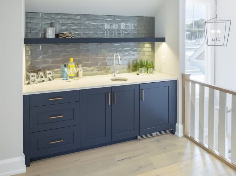 Interlake Walk Cottage Navy Blue Wet Bar Metal Backsplash