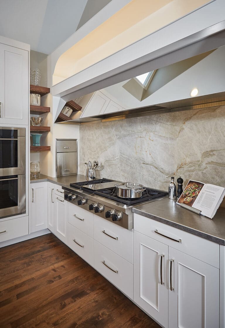 Transitional Eclectic Kitchen Large Chrome Range Hood