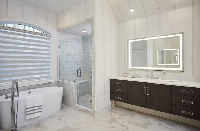 Transitional Eclectic Master Bathroom Wood Floating Vanity Cabinets