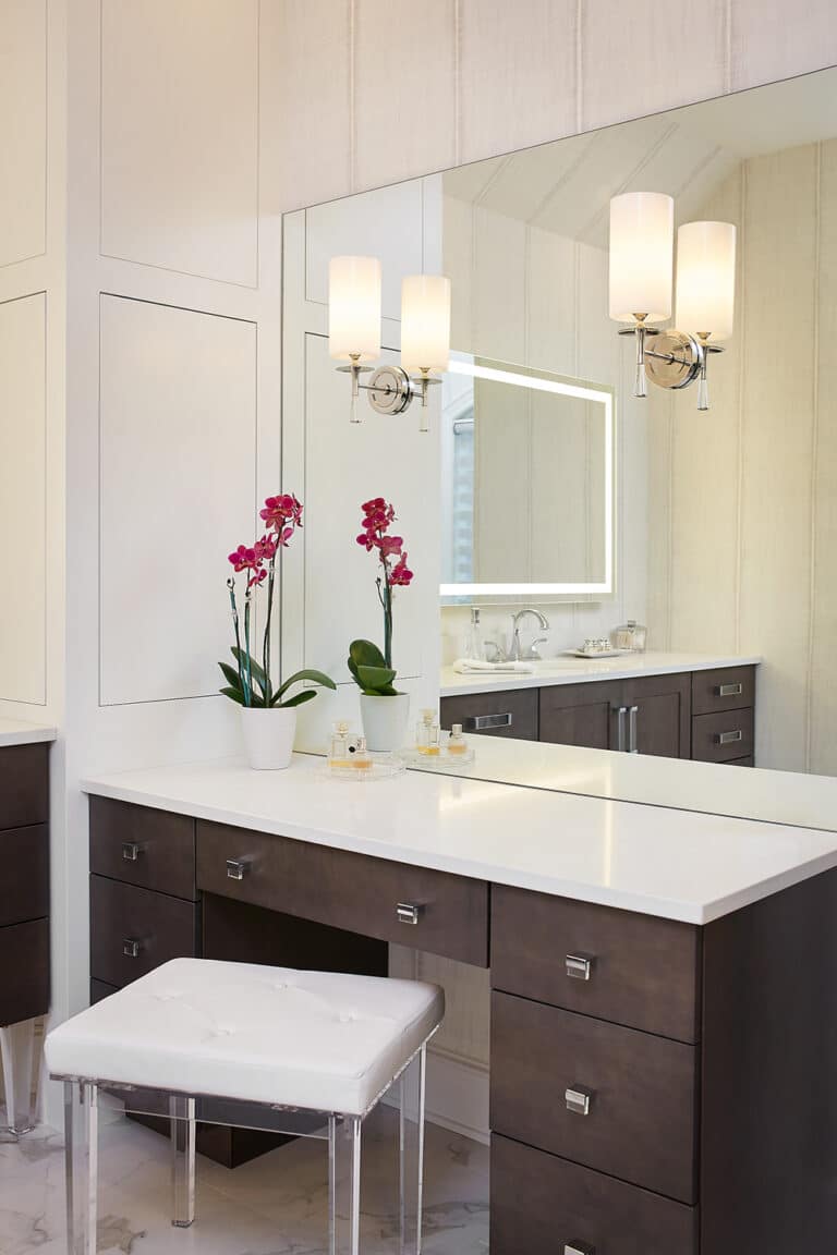 Transitional Eclectic Master Bathroom Wood Makeup Vanity Cabinets