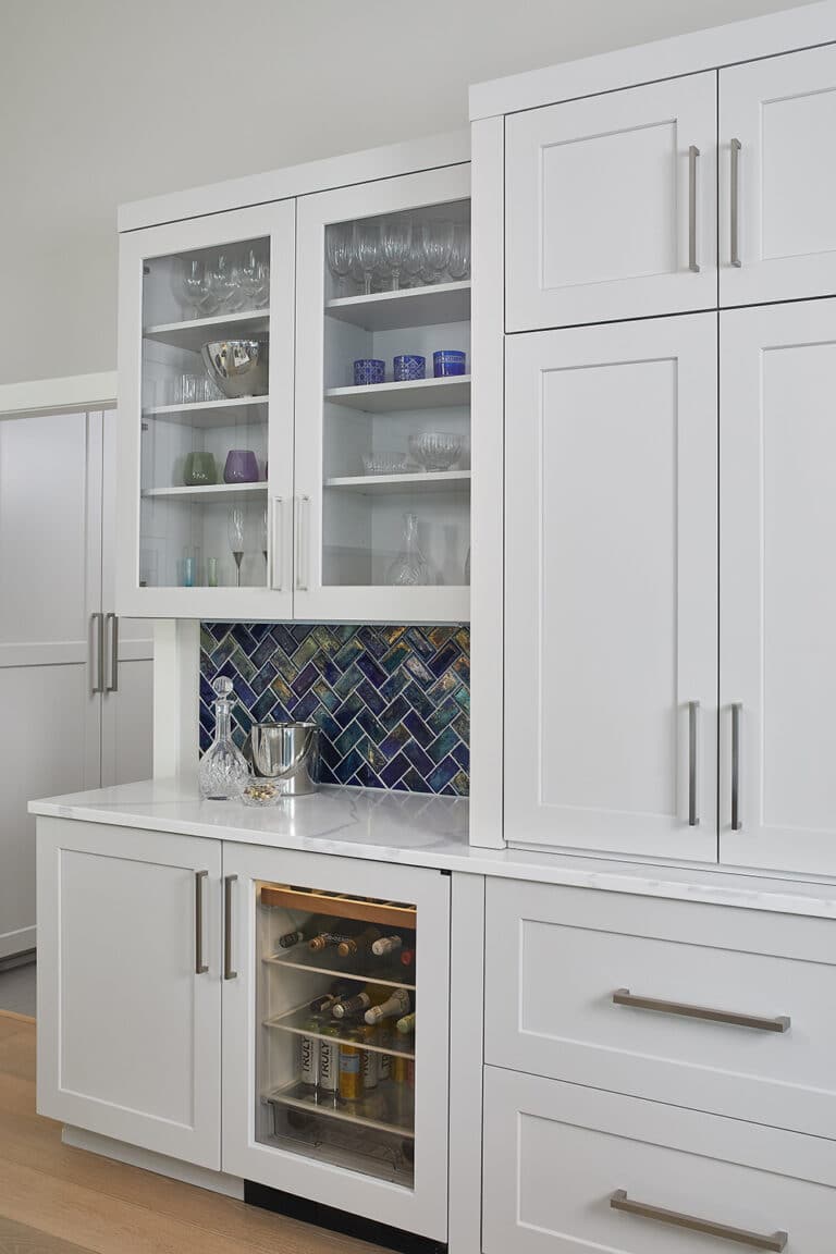 Transitional White Home Bar Blue Backsplash