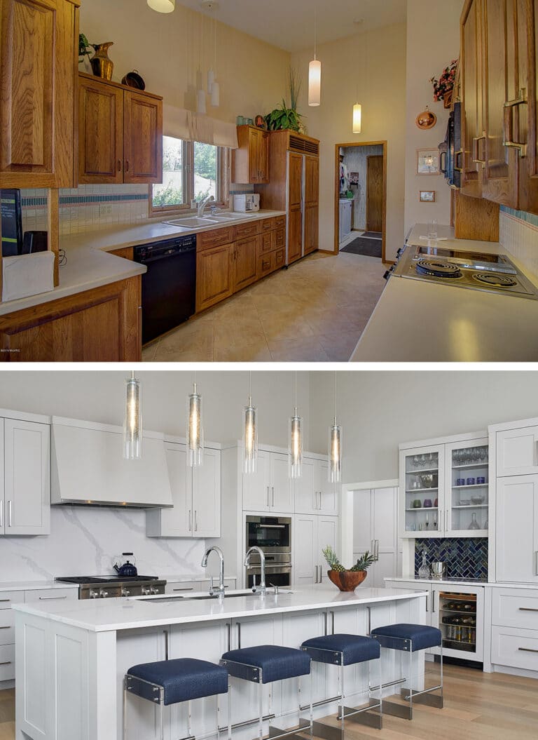 Transitional White Kitchen Chrome Accents Before After