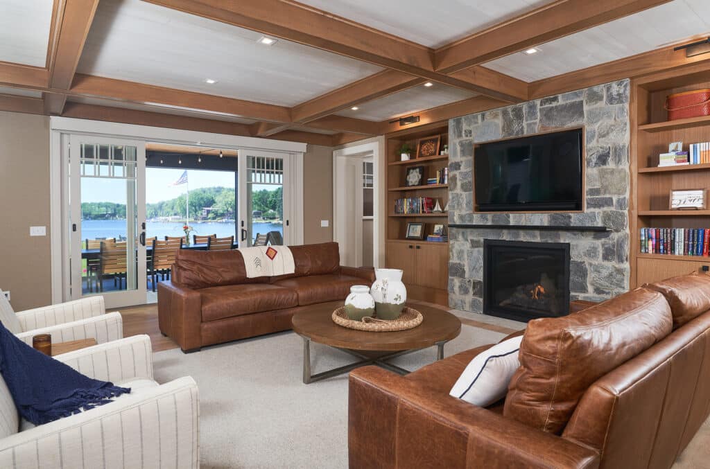 Vintage Lake House Living Room Built In Bookcases