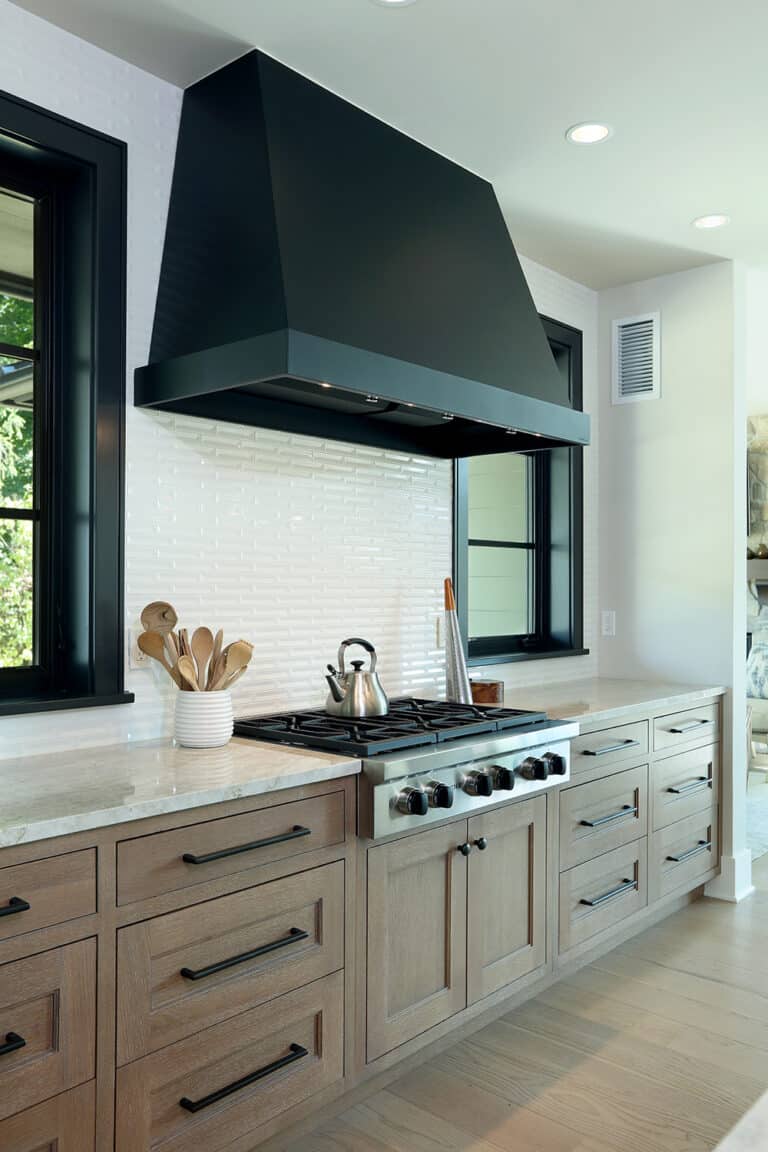 Black metal range hood black windows