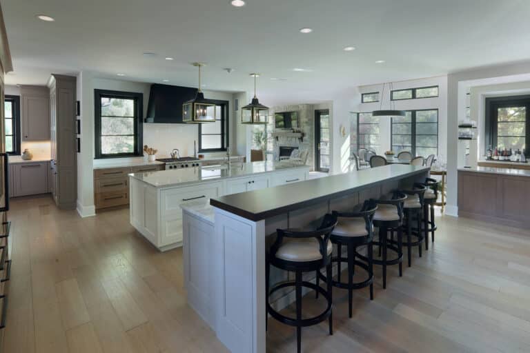 Two Kitchen Islands Black Range Hood Great Room