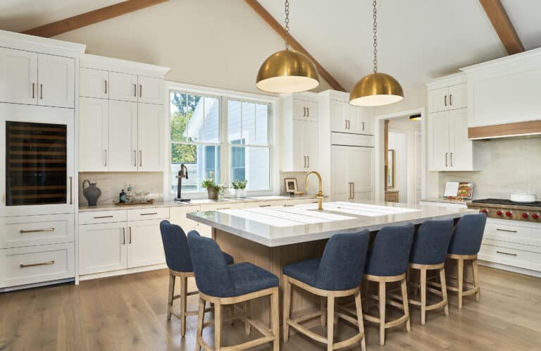 White Blue Transitional Kitchen Gold Pendants Wood Beams