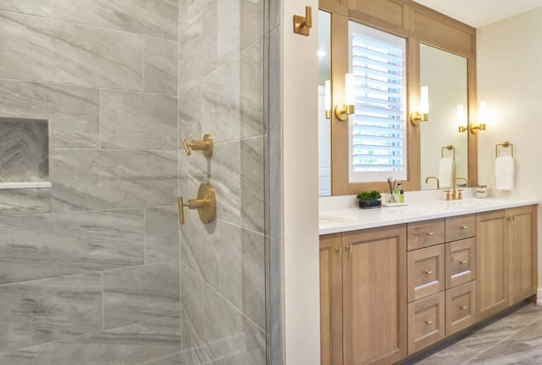 White Oak Bathroom Vanity Grey Tile Shower Gold Accents